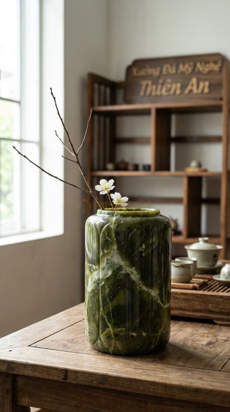 Lọ Hoa Đá Serpentine Họa Tiết “Lồng Đèn” (Thân Khía Cạnh Giống Lồng Đèn). Kích Thước Cao 25Cm, Đk 20Cm.