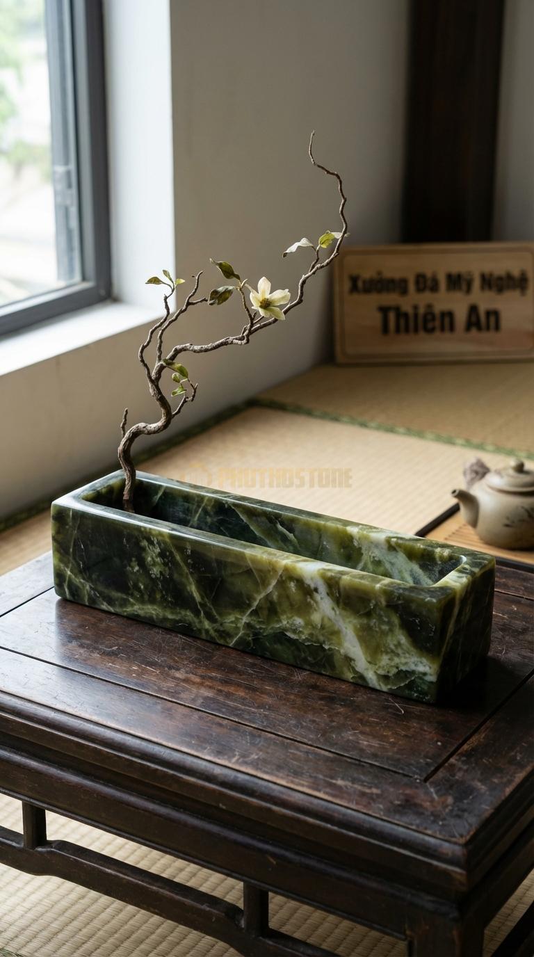 Lọ Hoa Đá Serpentine Họa Tiết “Máng Nước” (Dáng Dài Hình Chữ Nhật Khoét Lòng). Kích Thước Dài 45Cm, Rộng 10Cm, Cao 7Cm.