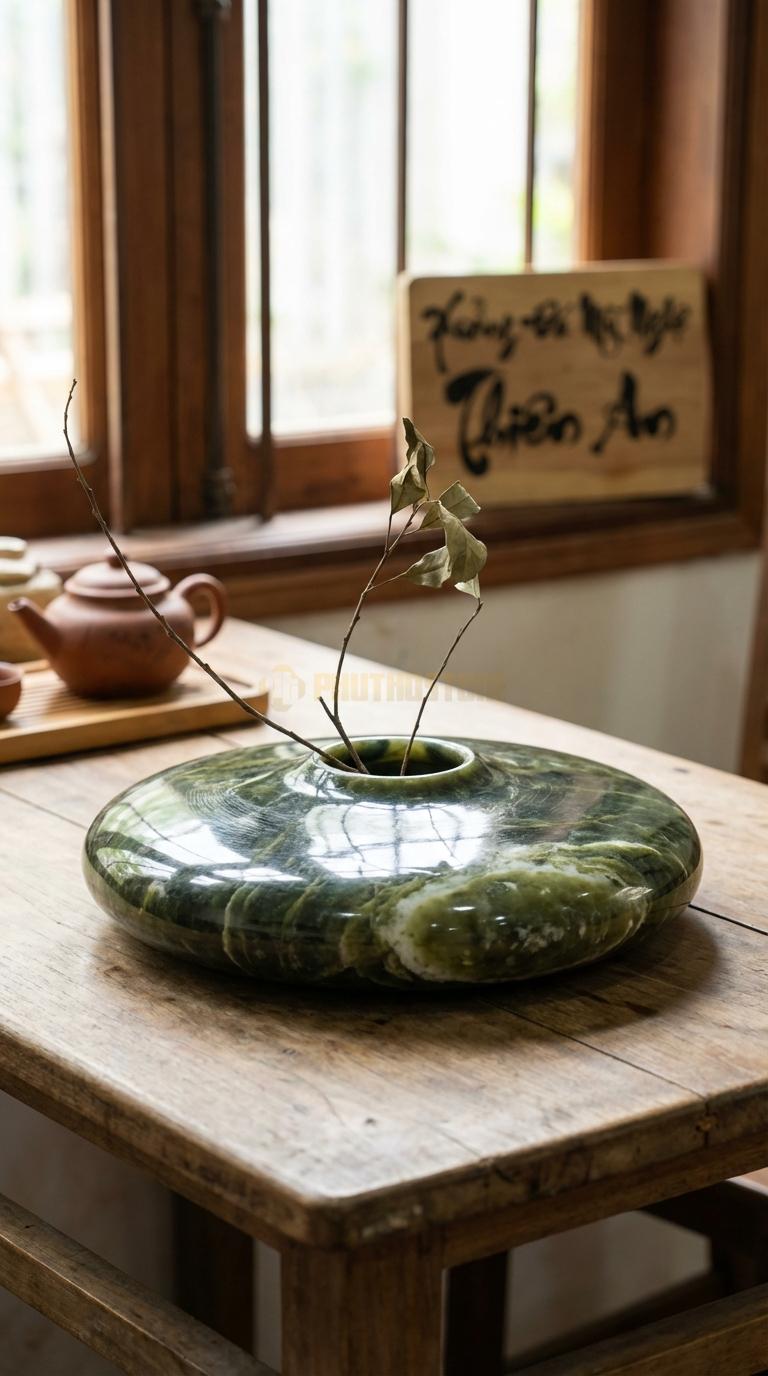 Lọ Hoa Đá Serpentine Họa Tiết “Mặt Hồ Phẳng” (Đĩa Mài Bóng Như Mặt Gương). Kích Thước Đk 35Cm, Cao 4Cm.