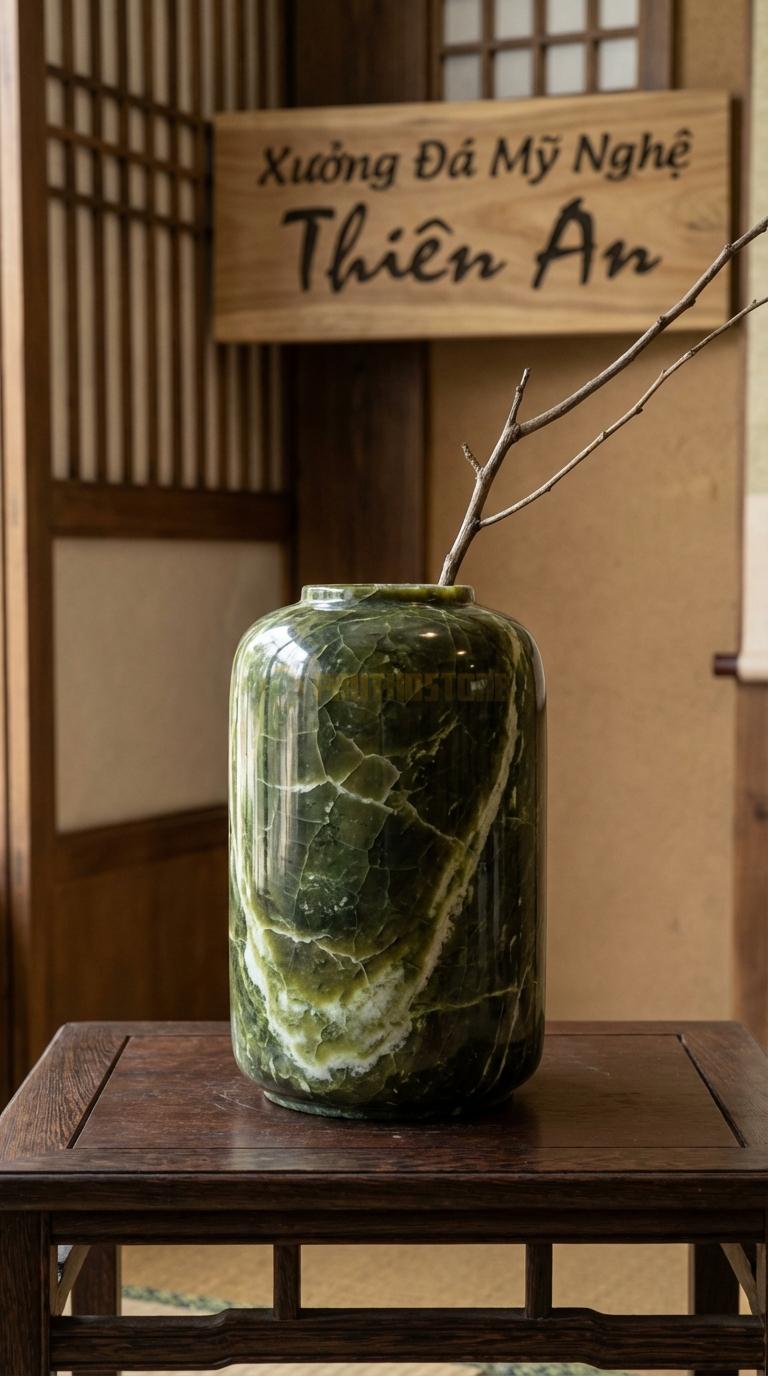 Lọ Hoa Đá Serpentine Họa Tiết “Men Rạn” (Tạo Vân Đá Nứt Như Gốm Men Rạn). Kích Thước Cao 27Cm, Đk 19Cm.
