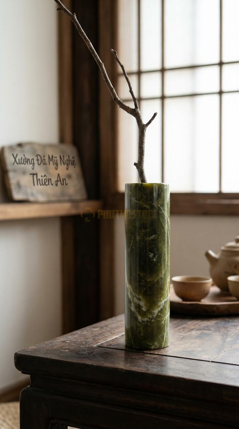 Lọ Hoa Đá Serpentine Họa Tiết “Ống Nghiệm” (Dáng Trụ Siêu Mảnh). Kích Thước Cao 18Cm, Đk 4Cm.