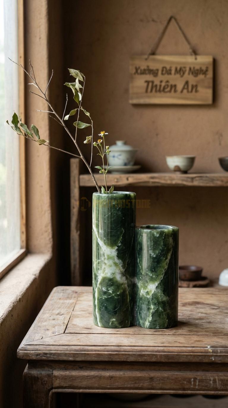 Lọ Hoa Đá Serpentine Họa Tiết “Ống Trụ Kép” (Hai Ống Trụ Dính Liền Nhau Cao Thấp). Kích Thước Cao 28Cm, Ngang 18Cm.