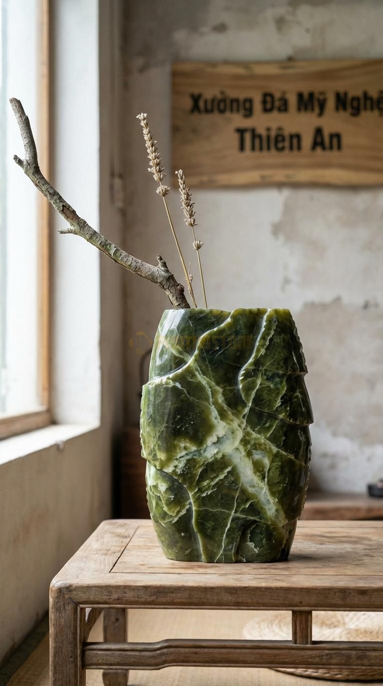 Lọ Hoa Đá Serpentine Họa Tiết “Ruộng Bậc Thang” (Lòng Lọ Giật Cấp). Kích Thước 30 x 20 x 8 Cm.