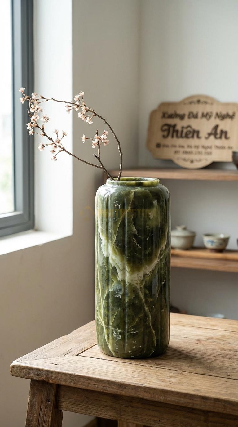 Lọ Hoa Đá Serpentine Họa Tiết “Sọc Dọc Nổi” (Các Đường Gân Nổi Chạy Dọc Thân). Kích Thước Cao 30Cm, Đk 13Cm.