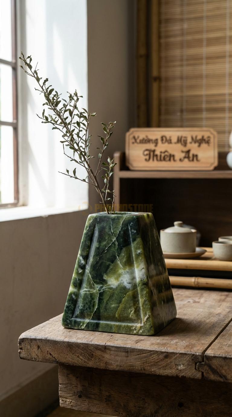 Lọ Hoa Đá Serpentine Họa Tiết “Tam Giác Vát” (Dáng Kim Tự Tháp Cụt). Kích Thước Cao 12Cm, Cạnh Đáy 10Cm.