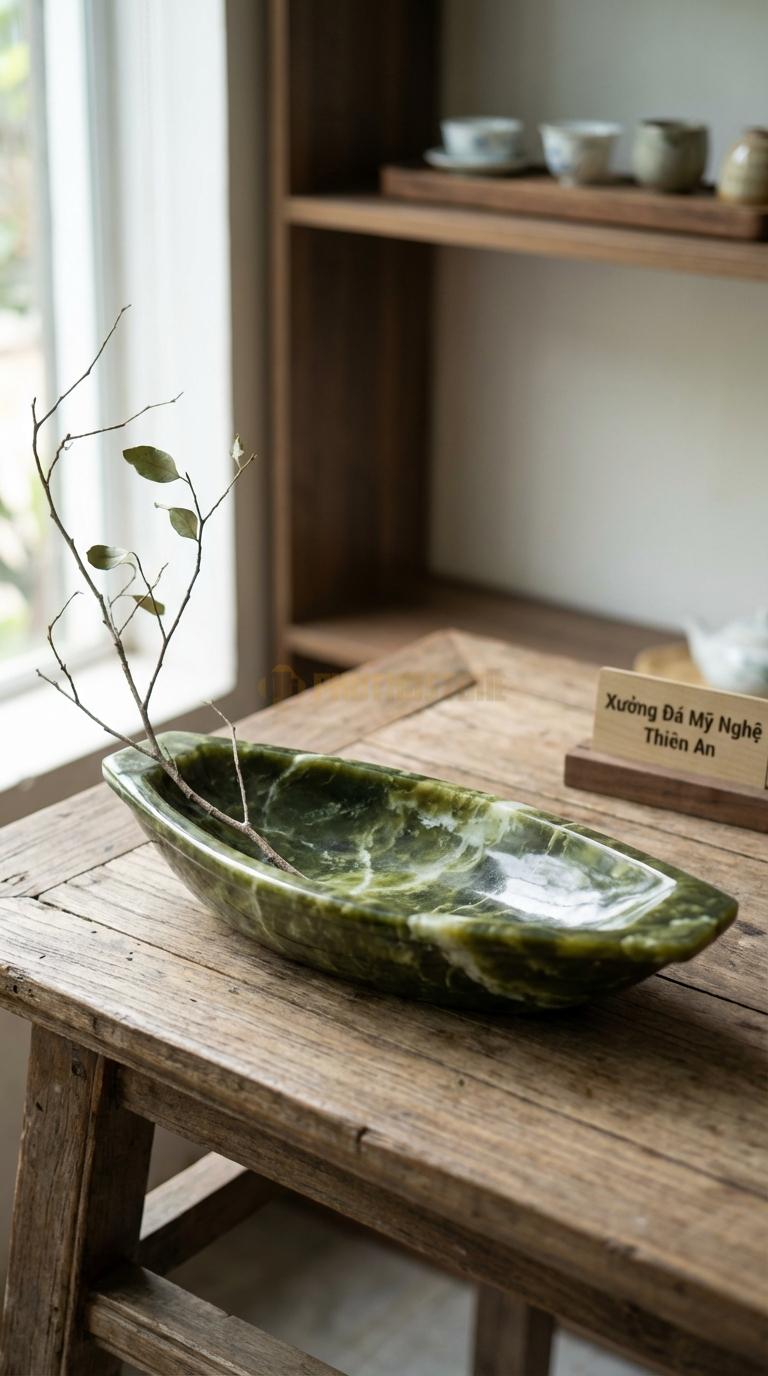 Lọ Hoa Đá Serpentine Họa Tiết “Thuyền Nan” (Dáng Con Thuyền Dài, Lòng Nông). Kích Thước Dài 40Cm, Rộng 12Cm, Cao 8Cm.