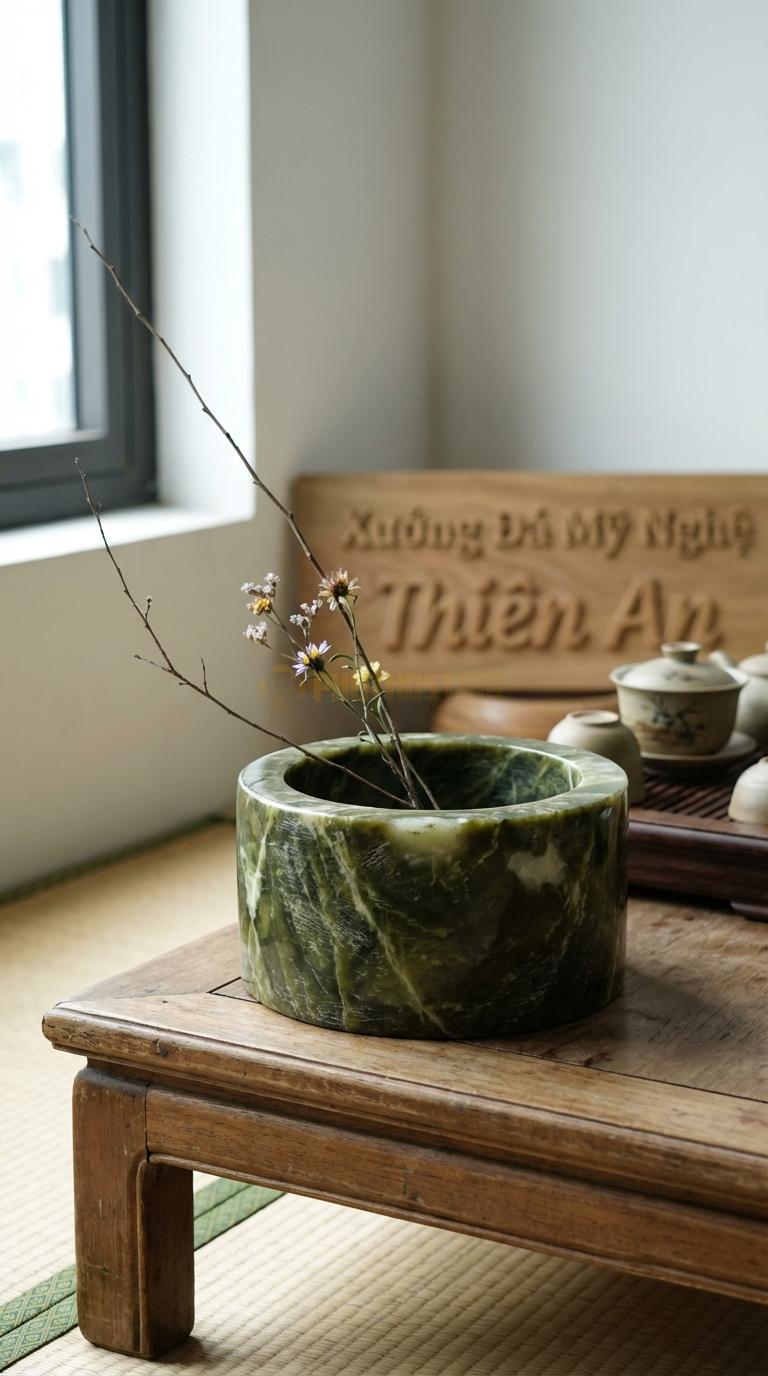 Lọ Hoa Đá Serpentine Họa Tiết “Tổ Chim” (Dáng Tròn, Bề Mặt Xước Rối). Kích Thước Đk 20Cm, Cao 10Cm.