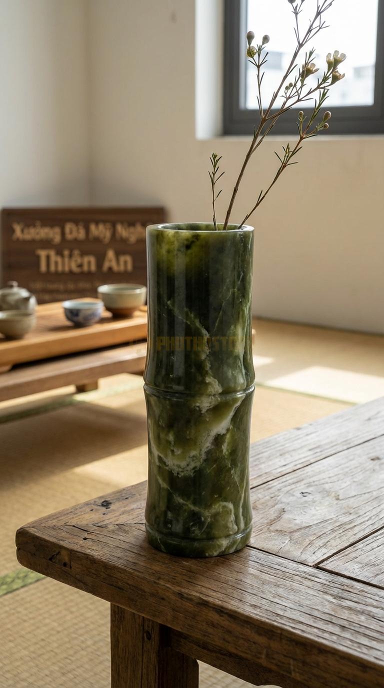 Lọ Hoa Đá Serpentine Họa Tiết “Trụ Ống Tre” (Tròn Đều Từ Trên Xuống Dưới, Khắc Đốt Tre). Kích Thước Cao 18Cm, Đk 6Cm.