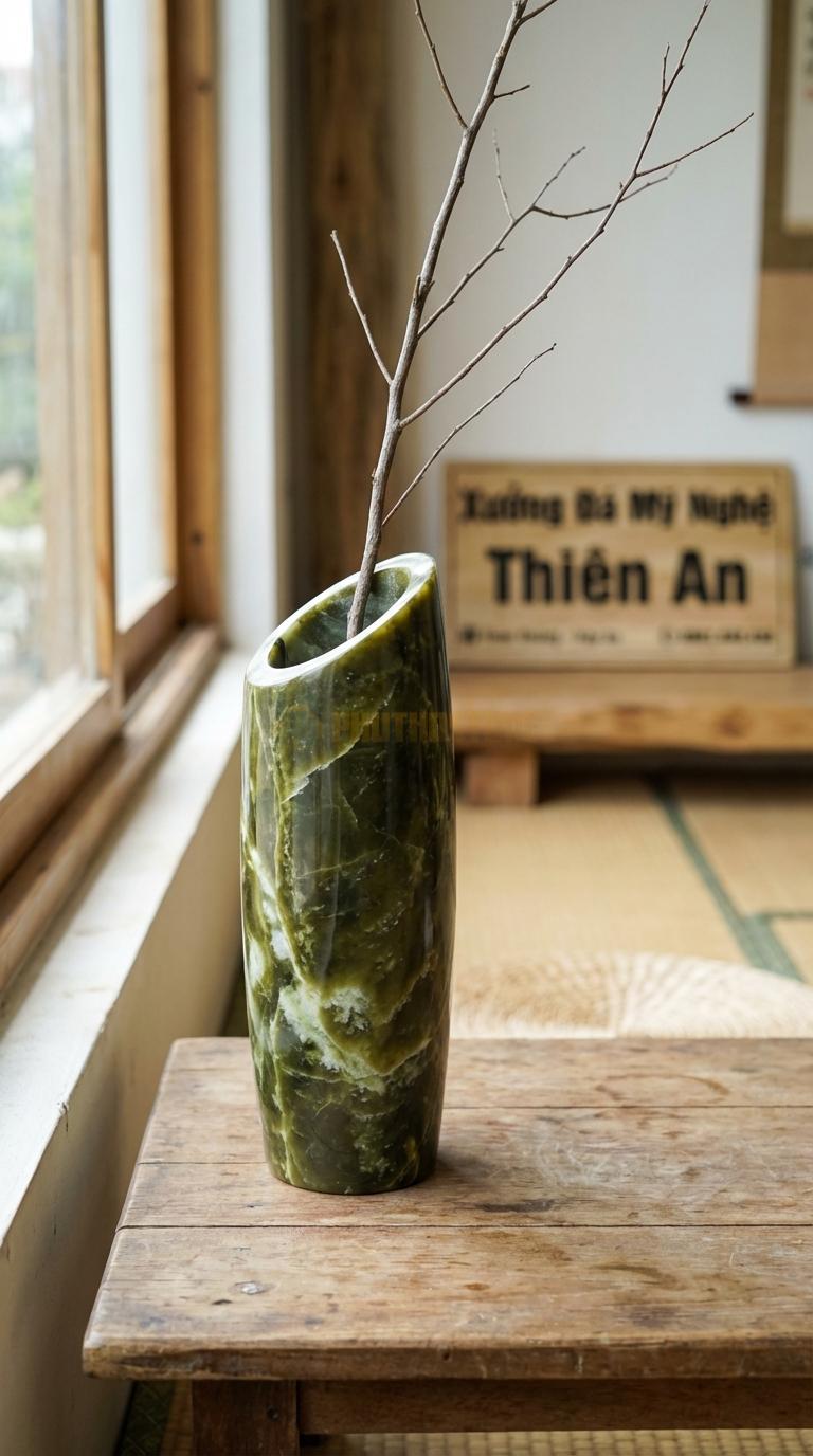 Lọ Hoa Đá Serpentine Họa Tiết “Vát Xéo” (Miệng Lọ Cắt Vát 45 Độ Táo Bạo). Kích Thước Cao 20Cm, Đk 7Cm.