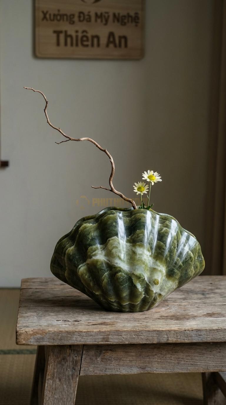 Lọ Hoa Đá Serpentine Họa Tiết “Vỏ Sò” (Mô Phỏng Hình Vỏ Trai/Sò Lớn). Kích Thước Dài 28Cm, Rộng 18Cm, Cao 9Cm.