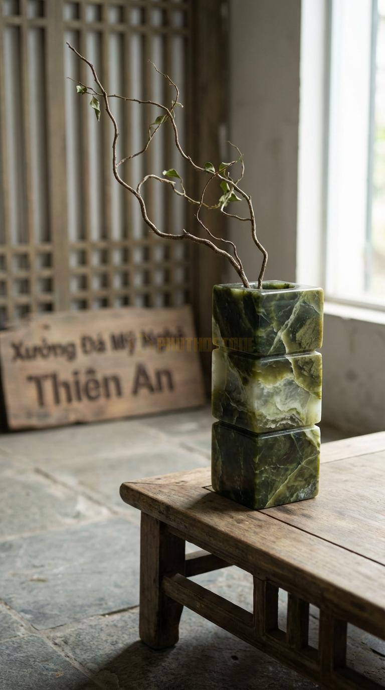 Lọ Hoa Đá Serpentine Họa Tiết “Xếp Tầng” (Các Khối Vuông Nhỏ Xếp Chồng Lên Nhau). Kích Thước Cao 16Cm, Vuông 7Cm.