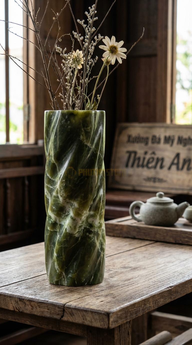 Lọ Hoa Đá Serpentine Họa Tiết “Xoắn Ốc” (Thân Bình Vặn Xoắn Từ Dưới Lên). Kích Thước Cao 35Cm, Đk 12Cm.
