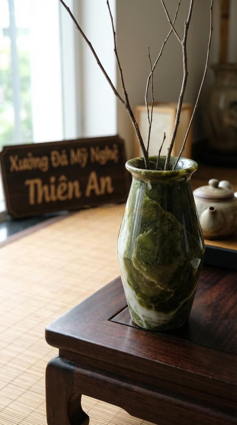 Lọ Hoa Đá Serpentine Họa Tiết “Ziczac” (Thân Lọ Có Các Đường Gấp Khúc). Kích Thước Cao 15Cm, Đk 9Cm.