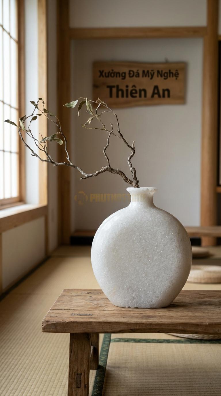 Lọ Hoa Đá Trắng Muối Họa Tiết “Bình Rượu” (Dáng Hồ Lô Dẹt Giống Bình Rượu Xưa). Kích Thước Cao 28Cm, Ngang 22Cm.
