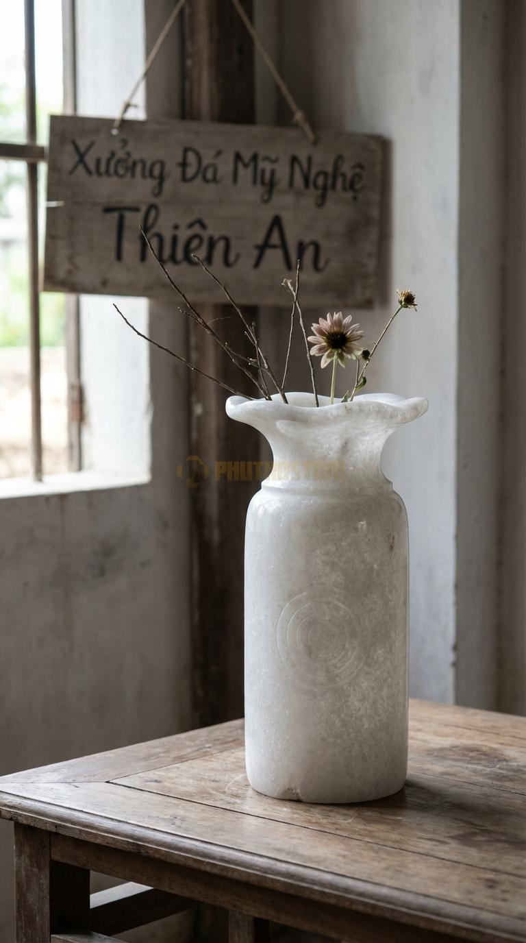 Lọ Hoa Đá Trắng Muối Họa Tiết “Cổ Loa” (Miệng Loe Rộng, Cổ Nhỏ). Kích Thước Cao 28Cm, Đk Miệng 18Cm.