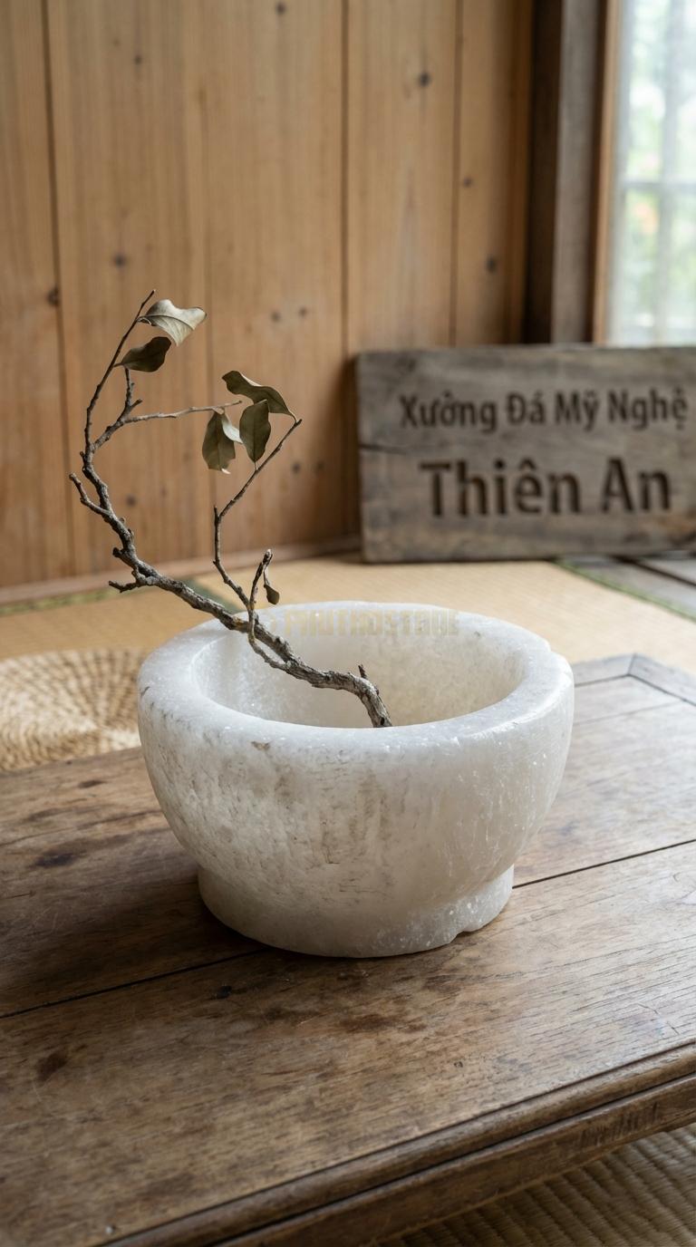 Lọ Hoa Đá Trắng Muối Họa Tiết “Cối Đá Cổ” (Mô Phỏng Cối Xay Đá Ngày Xưa). Kích Thước Đk 25Cm, Cao 12Cm.