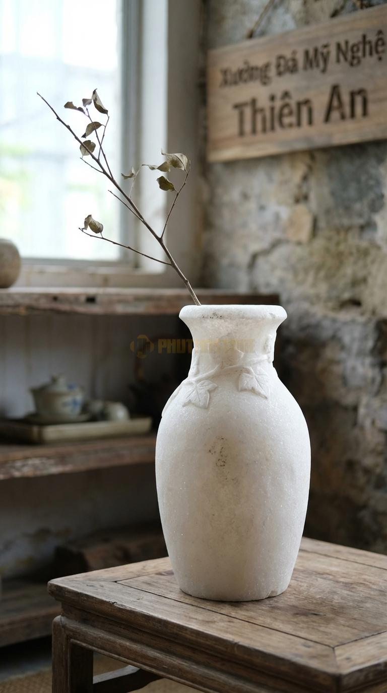 Lọ Hoa Đá Trắng Muối Họa Tiết “Dây Leo” (Hoa Dây Quấn Quanh Cổ Bình). Kích Thước Cao 30Cm, Đk 14Cm.
