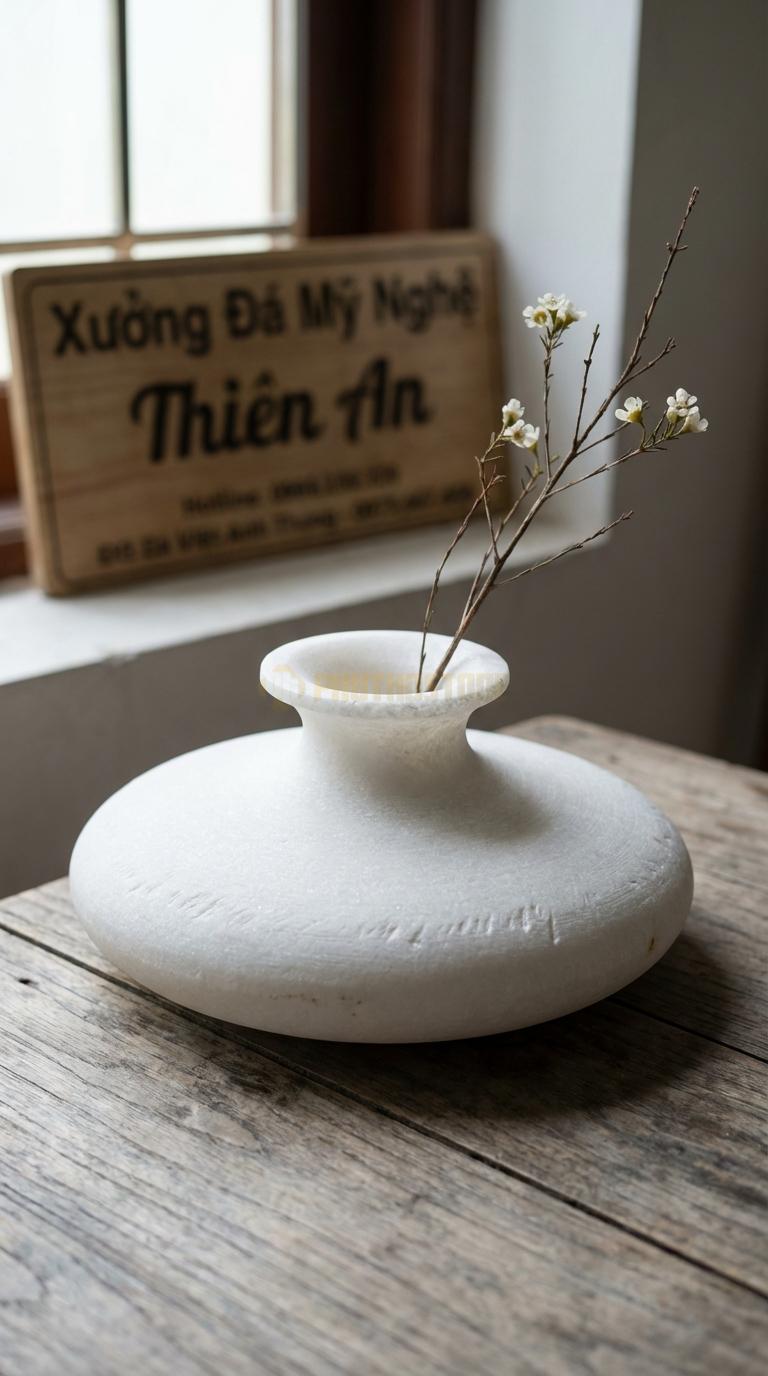 Lọ Hoa Đá Trắng Muối Họa Tiết “Đĩa Bay Tròn” (Dáng Đĩa Tròn Dẹt, Miệng Loe). Kích Thước Đk 30Cm, Cao 6Cm.