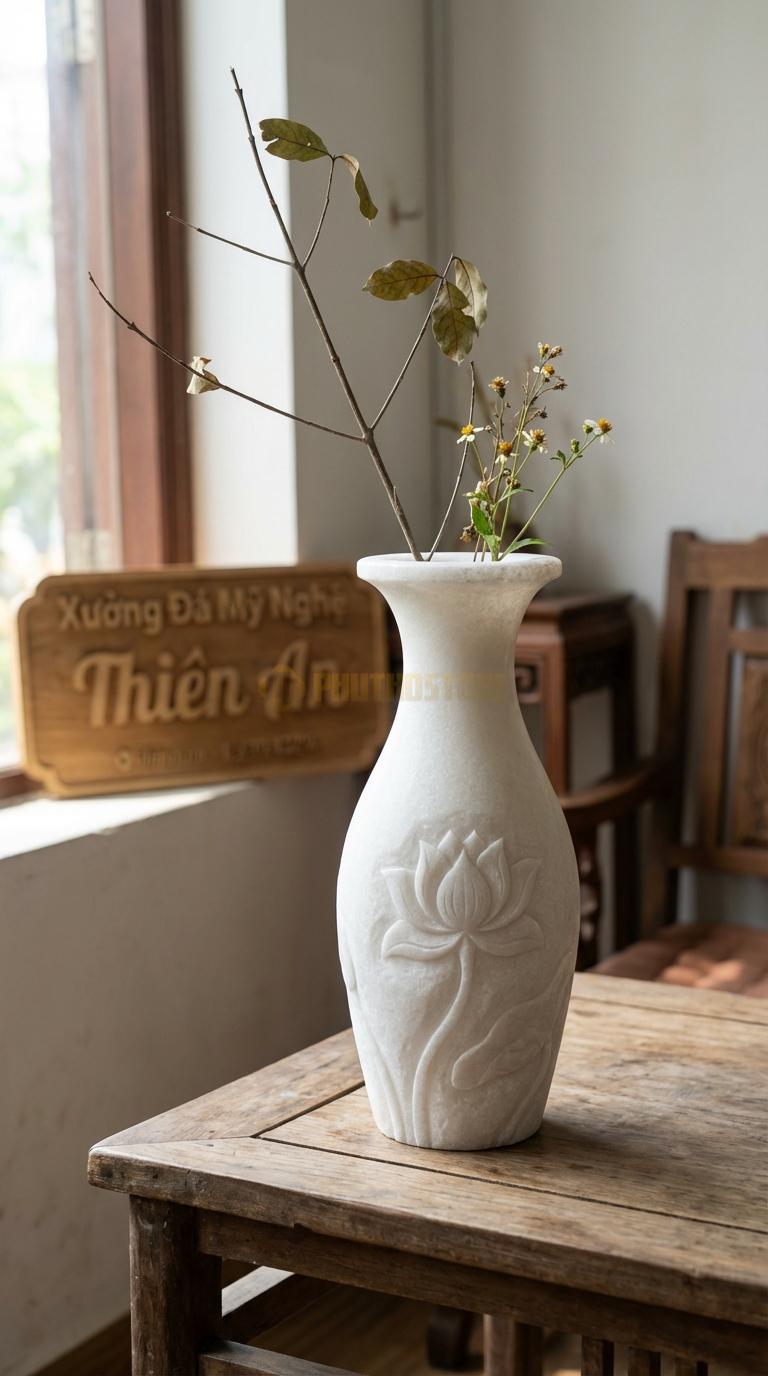 Lọ Hoa Đá Trắng Muối Họa Tiết “Hoa Sen Chạm Nổi” (Dáng Bình Eo Thon, Chạm Sen). Kích Thước Cao 30Cm, Đk 16Cm.