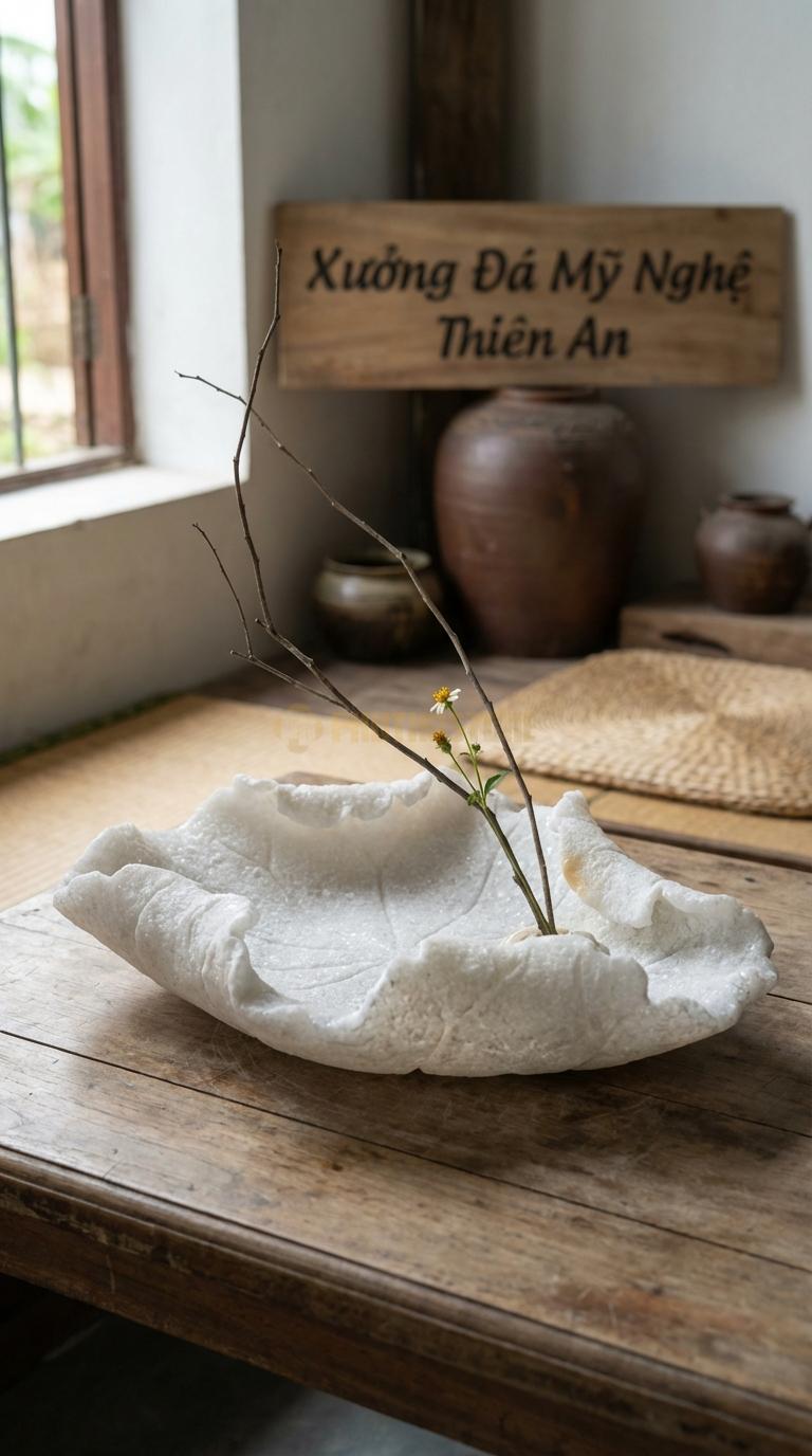 Lọ Hoa Đá Trắng Muối Họa Tiết “Lá Sen Khô” (Viền Uốn Lượn Rách Tự Nhiên). Kích Thước Dài 35Cm, Rộng 25Cm, Cao 5Cm.