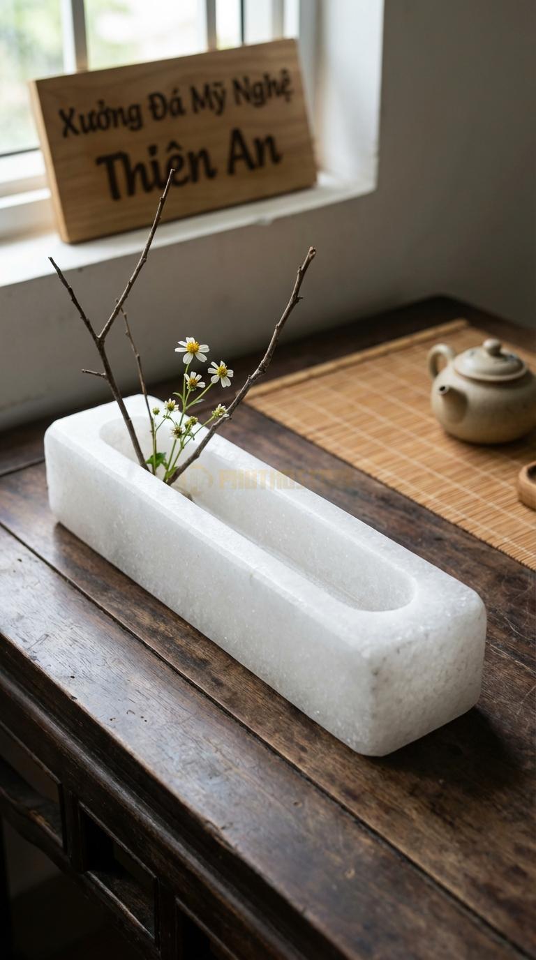 Lọ Hoa Đá Trắng Muối Họa Tiết “Máng Nước” (Dáng Dài Hình Chữ Nhật Khoét Lòng). Kích Thước Dài 45Cm, Rộng 10Cm, Cao 7Cm.