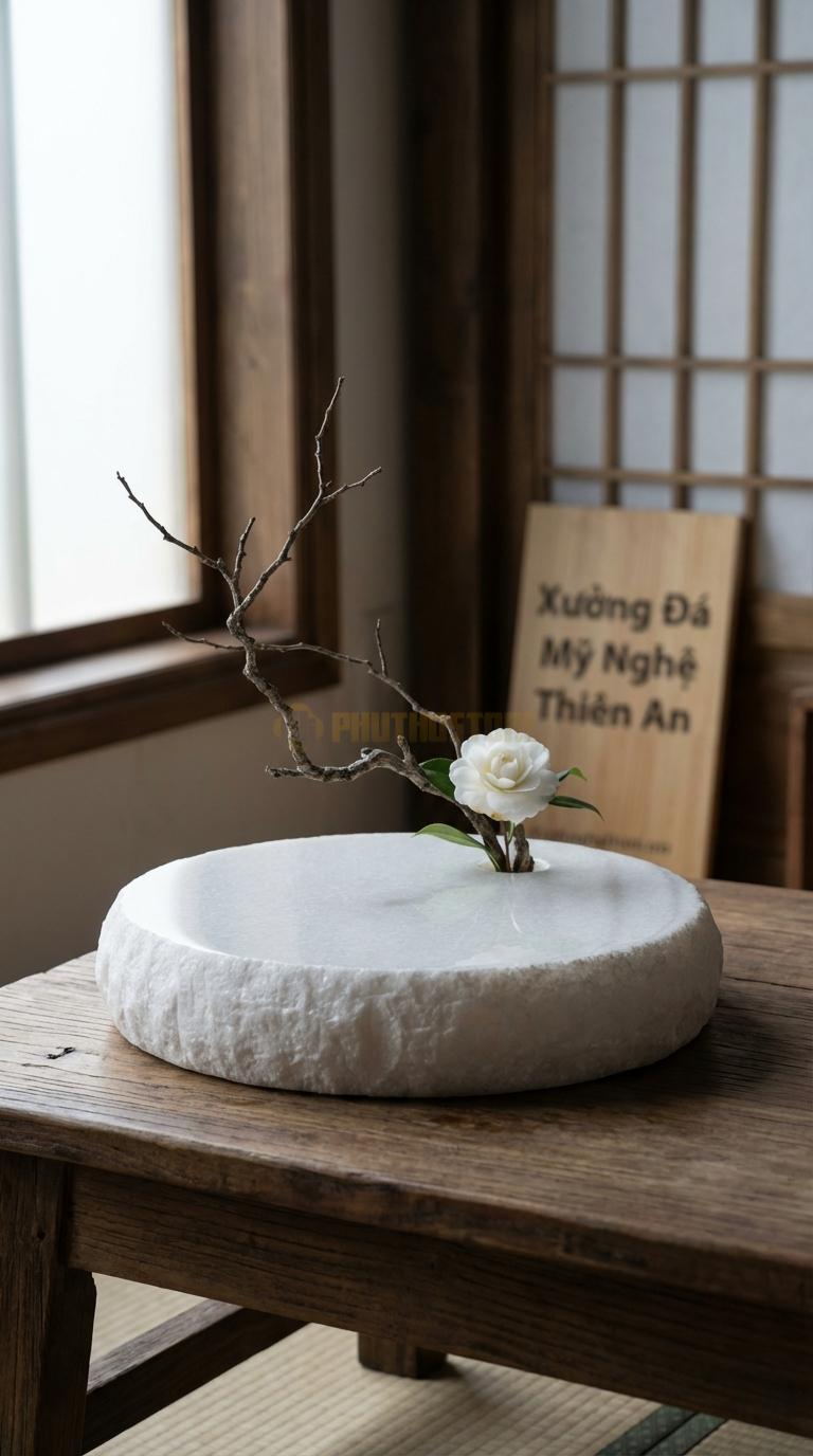 Lọ Hoa Đá Trắng Muối Họa Tiết “Mặt Hồ Phẳng” (Đĩa Mài Bóng Như Mặt Gương). Kích Thước Đk 35Cm, Cao 4Cm.