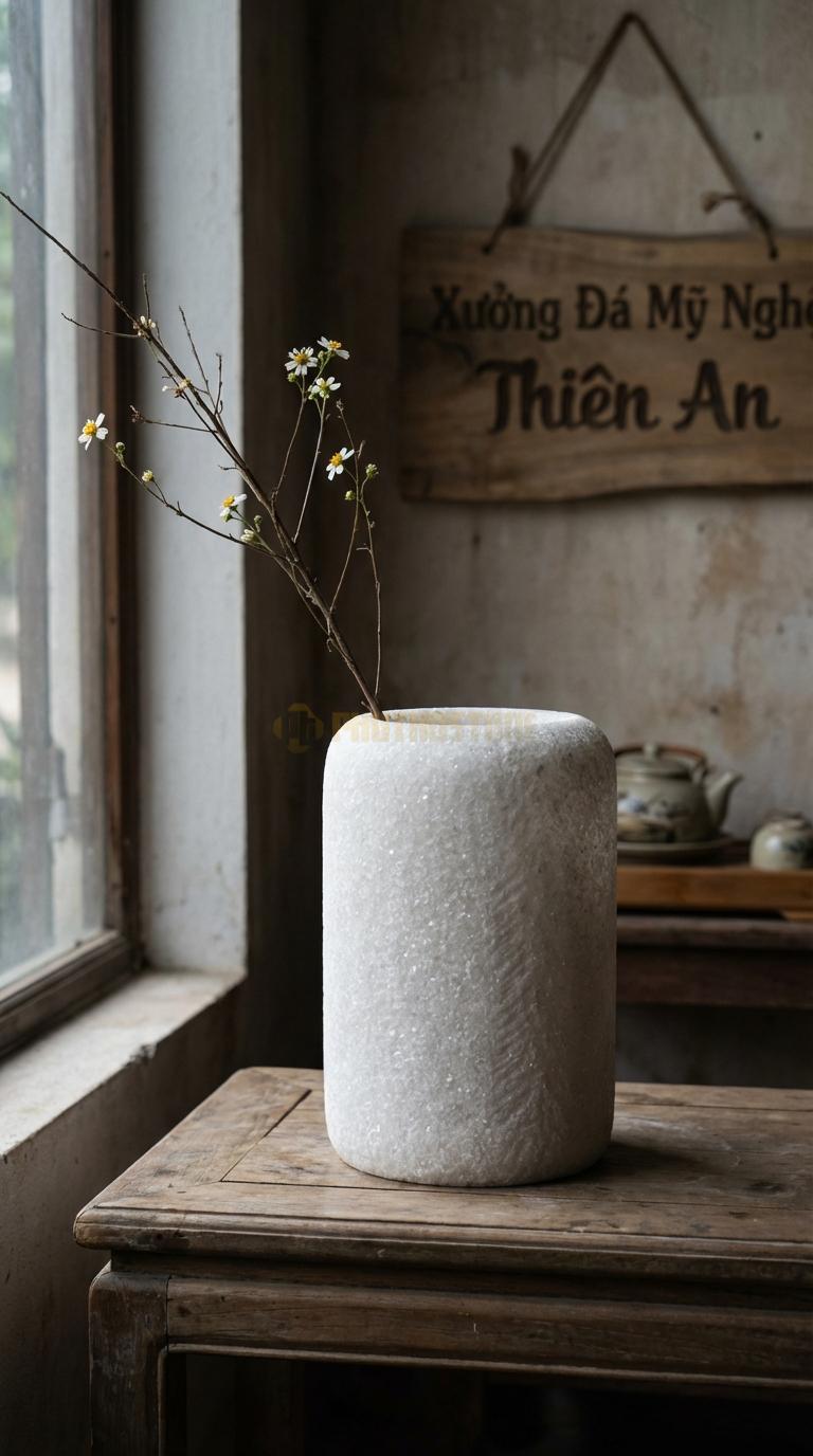 Lọ Hoa Đá Trắng Muối Họa Tiết “Men Rạn” (Tạo Vân Đá Nứt Như Gốm Men Rạn). Kích Thước Cao 27Cm, Đk 19Cm.