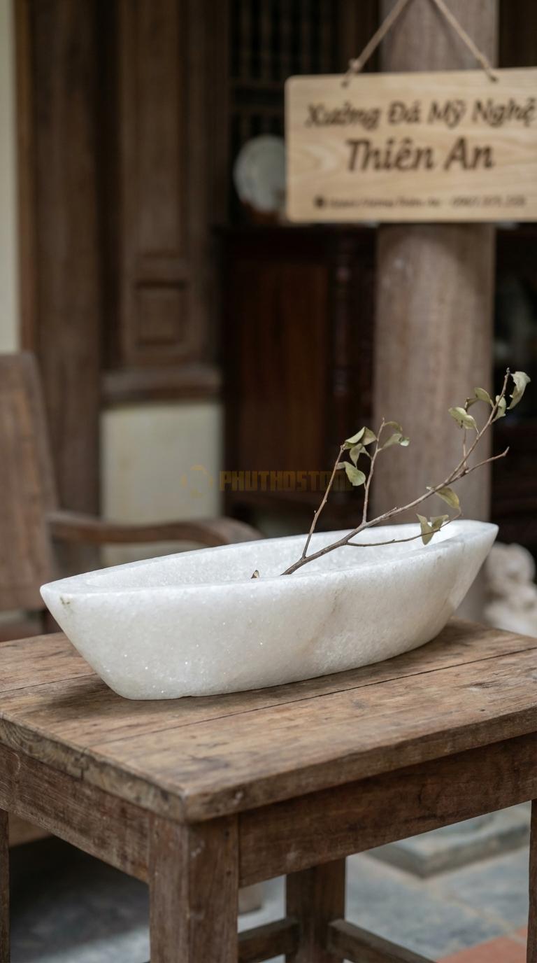 Lọ Hoa Đá Trắng Muối Họa Tiết “Thuyền Nan” (Dáng Con Thuyền Dài, Lòng Nông). Kích Thước Dài 40Cm, Rộng 12Cm, Cao 8Cm.