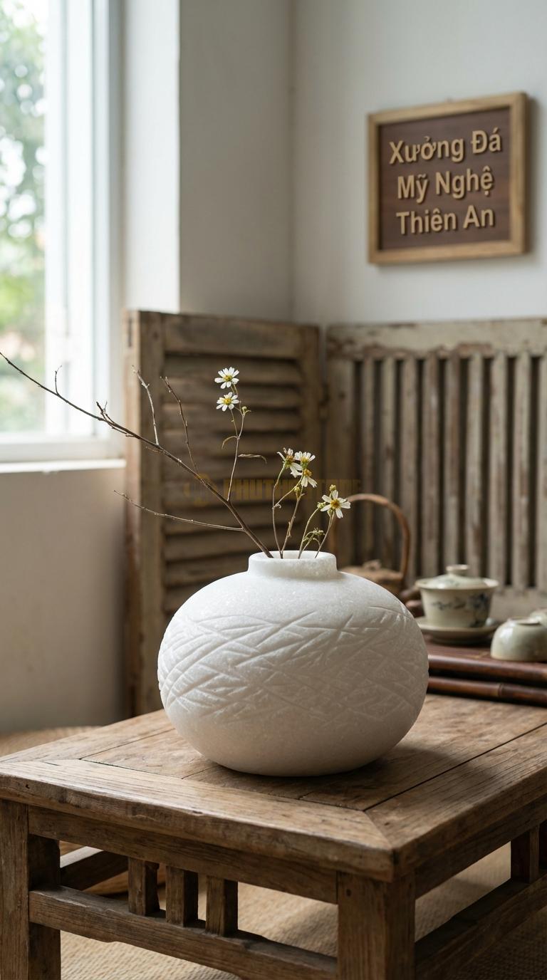 Lọ Hoa Đá Trắng Muối Họa Tiết “Tổ Chim” (Dáng Tròn, Bề Mặt Xước Rối). Kích Thước Đk 20Cm, Cao 10Cm.