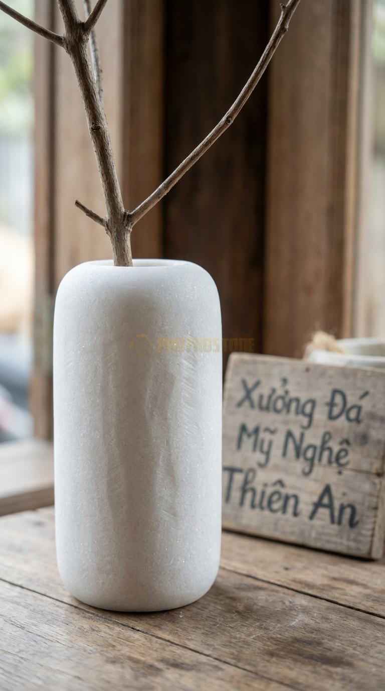 Lọ Hoa Đá Trắng Muối Họa Tiết “Trơn Bóng Mờ” (Dáng Bình Củ Gừng, Đơn Giản). Kích Thước Cao 25Cm, Đk 18Cm.