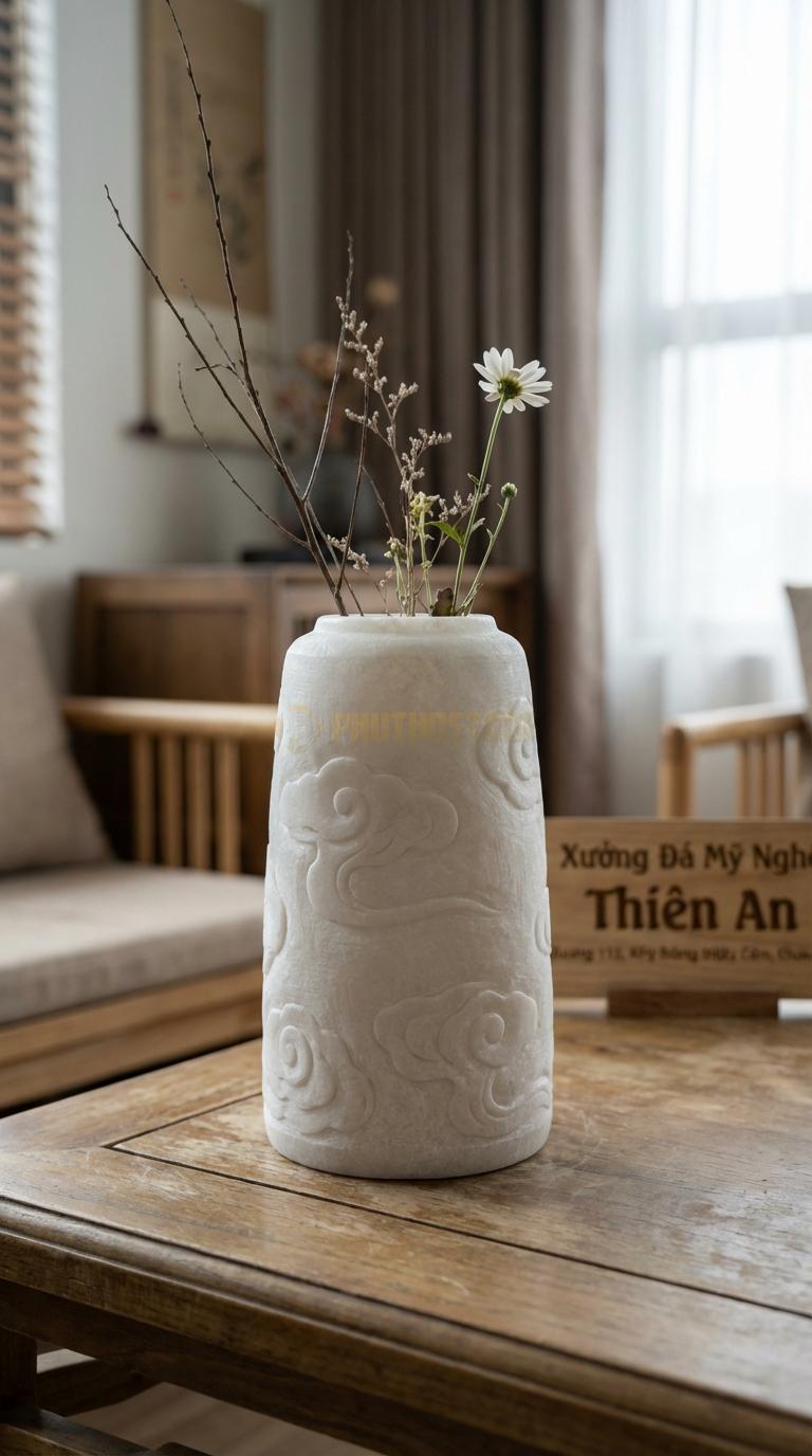 Lọ Hoa Đá Trắng Muối Họa Tiết “Vân Mây” (Khắc Chìm Hoa Văn Mây Cổ). Kích Thước Cao 32Cm, Đk 15Cm.