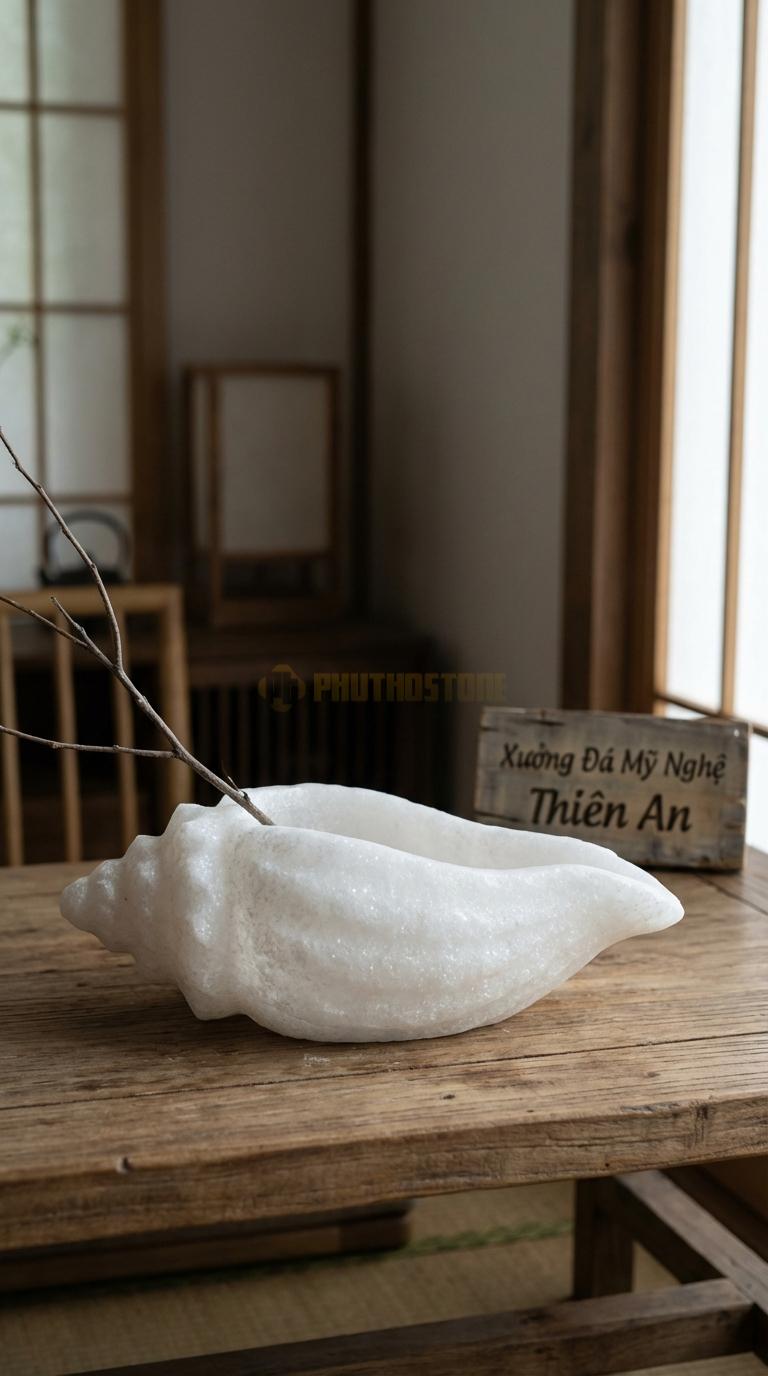 Lọ Hoa Đá Trắng Muối Họa Tiết “Vỏ Sò” (Mô Phỏng Hình Vỏ Trai/Sò Lớn). Kích Thước Dài 28Cm, Rộng 18Cm, Cao 9Cm.