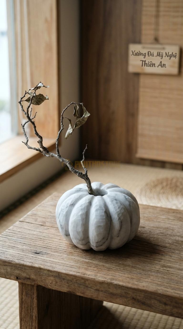 Lọ Hoa Đá Trắng Xanh Họa Tiết “Bí Ngô” (Chia Múi Dọc Thân Giống Quả Bí). Kích Thước Cao 10Cm, Đk 13Cm.