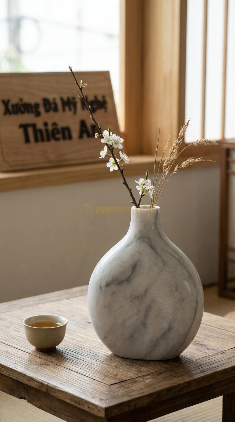 Lọ Hoa Đá Trắng Xanh Họa Tiết “Bình Rượu” (Dáng Hồ Lô Dẹt Giống Bình Rượu Xưa). Kích Thước Cao 28Cm, Ngang 22Cm.