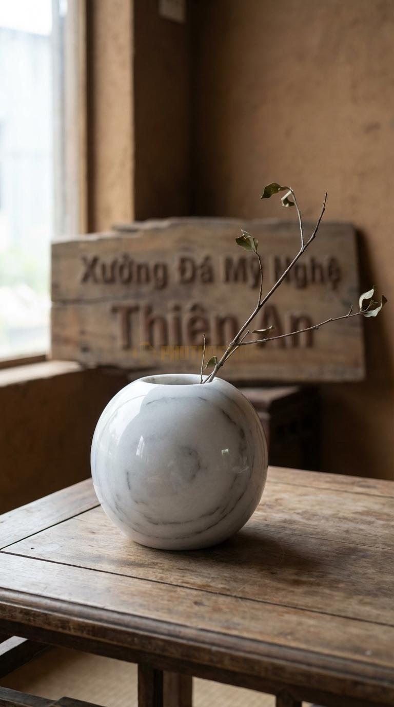 Lọ Hoa Đá Trắng Xanh Họa Tiết “Bóng Khí” (Tròn Vo Hoàn Hảo Như Bong Bóng, Mài Bóng Kính). Kích Thước Đk 12Cm, Cao 11Cm.