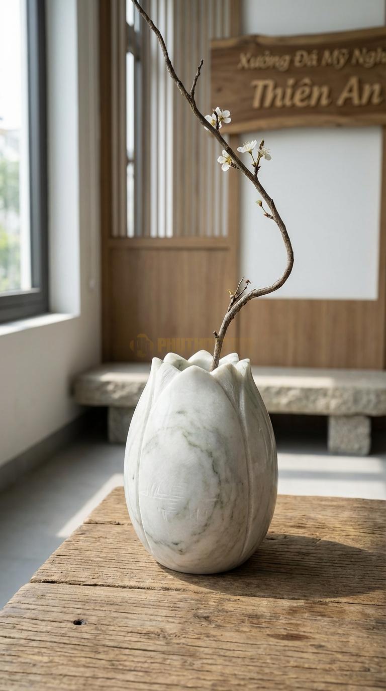 Lọ Hoa Đá Trắng Xanh Họa Tiết “Búp Sen” (Tạo Hình Búp Sen Chưa Nở). Kích Thước Cao 13Cm, Đk 9Cm.