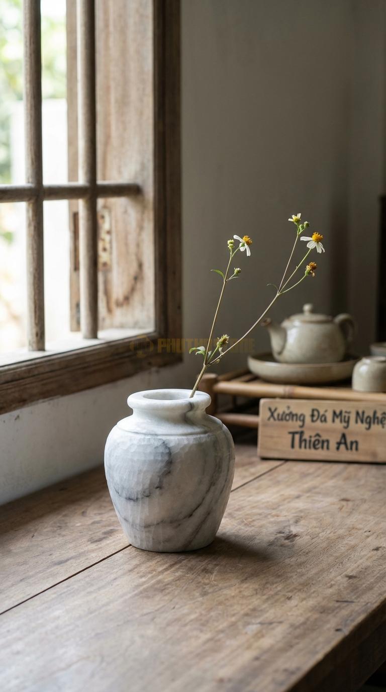 Lọ Hoa Đá Trắng Xanh Họa Tiết “Chum Sành Mini” (Mô Phỏng Chum Nước Cổ). Kích Thước Cao 10Cm, Đk 10Cm.
