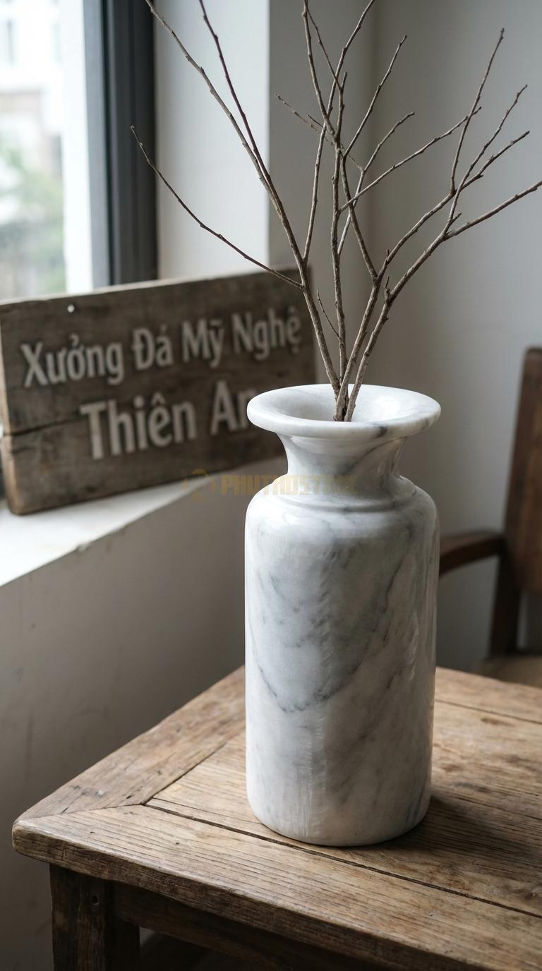 Lọ Hoa Đá Trắng Xanh Họa Tiết “Cổ Loa” (Miệng Loe Rộng, Cổ Nhỏ). Kích Thước Cao 28Cm, Đk Miệng 18Cm.