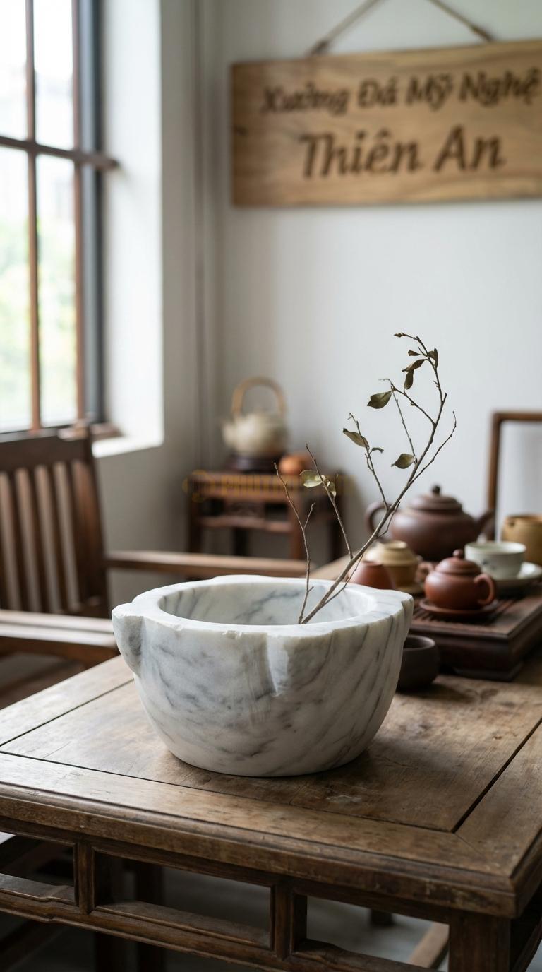 Lọ Hoa Đá Trắng Xanh Họa Tiết “Cối Đá Cổ” (Mô Phỏng Cối Xay Đá Ngày Xưa). Kích Thước Đk 25Cm, Cao 12Cm.