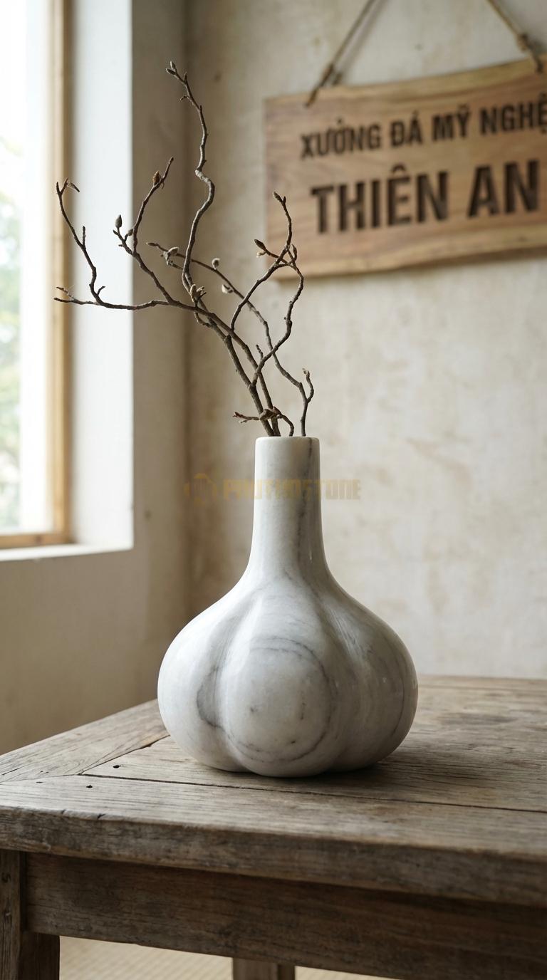 Lọ Hoa Đá Trắng Xanh Họa Tiết “Củ Tỏi” (Bụng Phình To, Cổ Thắt Lại Và Cao). Kích Thước Cao 16Cm, Đk Bụng 10Cm.