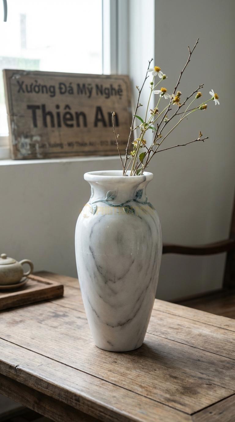 Lọ Hoa Đá Trắng Xanh Họa Tiết “Dây Leo” (Hoa Dây Quấn Quanh Cổ Bình). Kích Thước Cao 30Cm, Đk 14Cm.