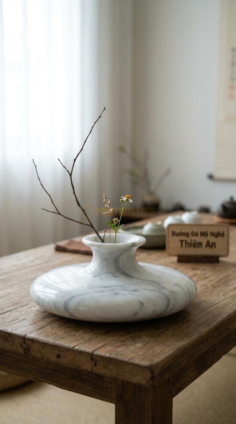 Lọ Hoa Đá Trắng Xanh Họa Tiết “Đĩa Bay Tròn” (Dáng Đĩa Tròn Dẹt, Miệng Loe). Kích Thước Đk 30Cm, Cao 6Cm.