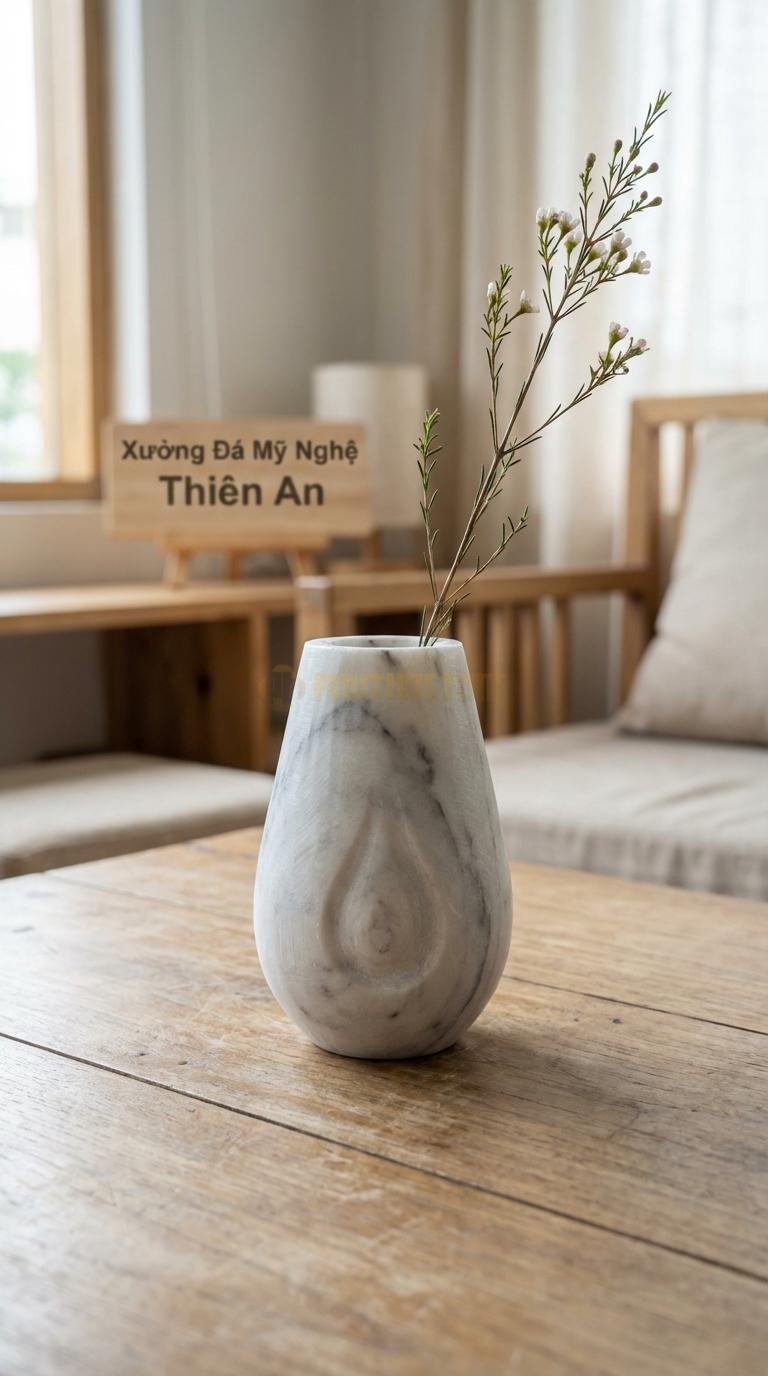 Lọ Hoa Đá Trắng Xanh Họa Tiết “Giọt Nước” (Thon Đáy, Bầu Tròn Ở Dưới). Kích Thước Cao 15Cm, Đk Bụng 8Cm.