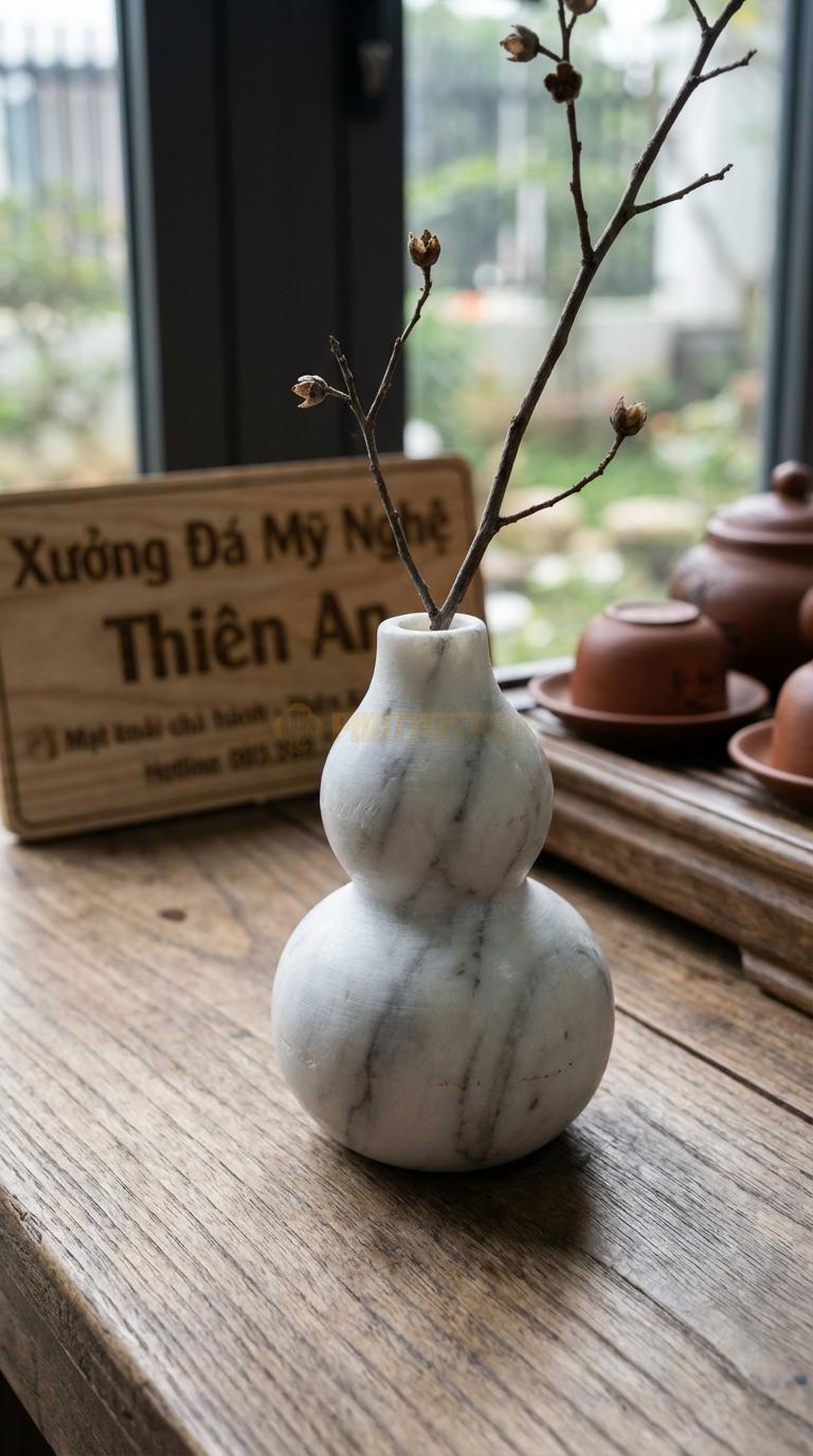 Lọ Hoa Đá Trắng Xanh Họa Tiết “Hồ Lô Tí Hon” (Dáng Hồ Lô Phong Thủy Mini). Kích Thước Cao 14Cm, Đk 7Cm.
