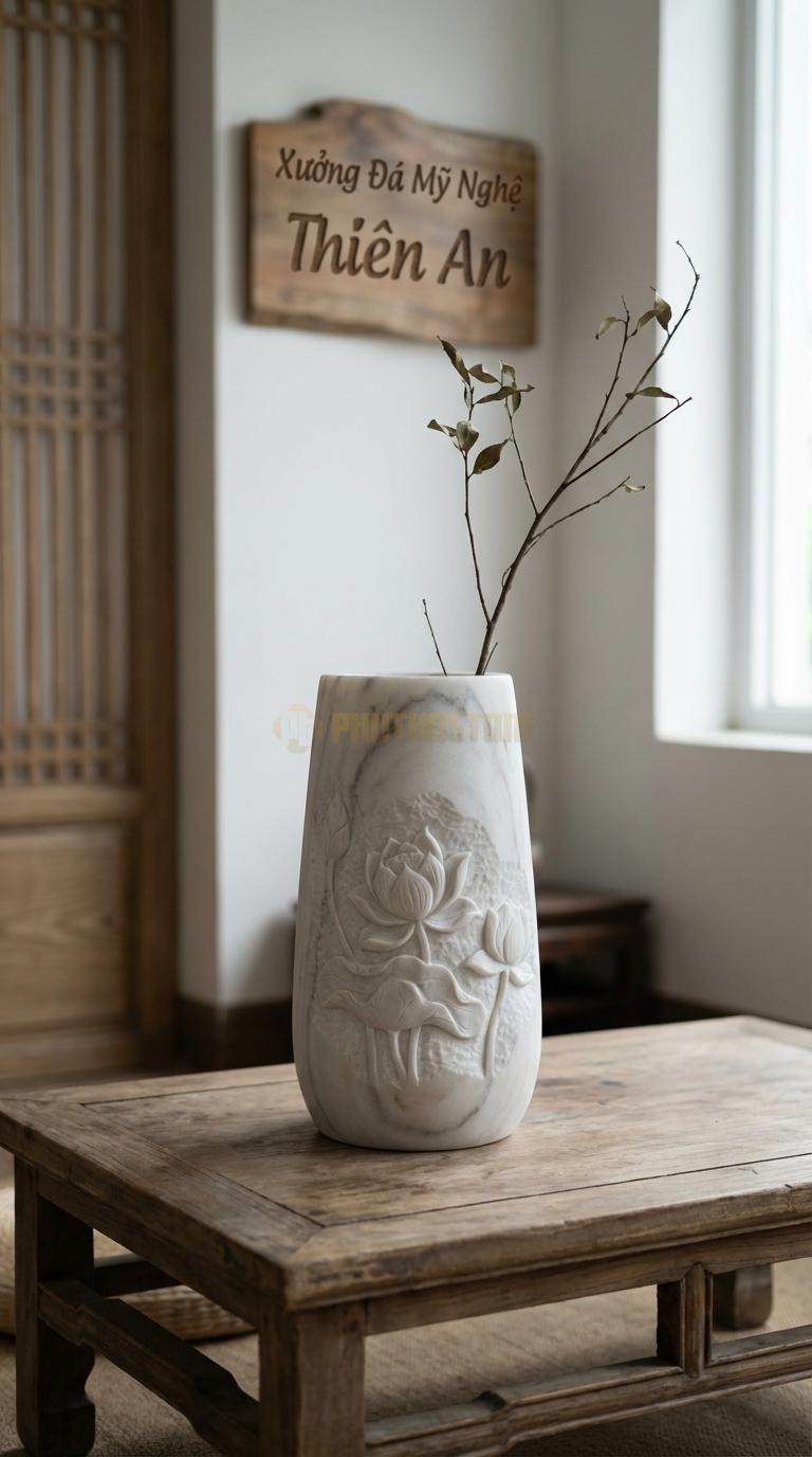 Lọ Hoa Đá Trắng Xanh Họa Tiết “Hoa Sen Chạm Nổi” (Dáng Bình Eo Thon, Chạm Sen). Kích Thước Cao 30Cm, Đk 16Cm.