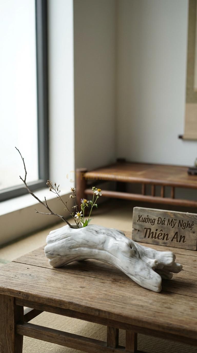 Lọ Hoa Đá Trắng Xanh Họa Tiết “Khúc Gỗ Lũa” (Đá Tạo Hình Giống Gỗ Mục). Kích Thước Dài 38Cm, Cao 10Cm.
