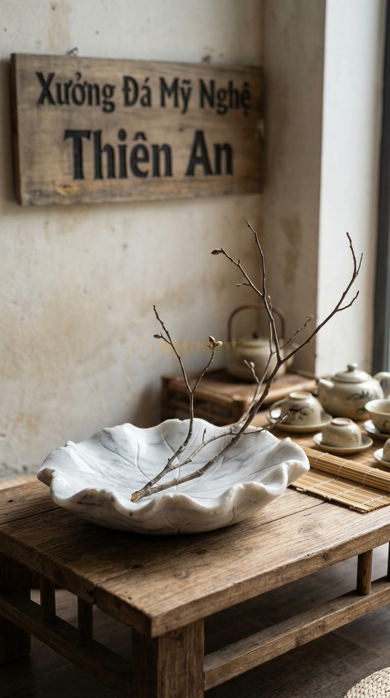 Lọ Hoa Đá Trắng Xanh Họa Tiết “Lá Sen Khô” (Viền Uốn Lượn Rách Tự Nhiên). Kích Thước Dài 35Cm, Rộng 25Cm, Cao 5Cm.