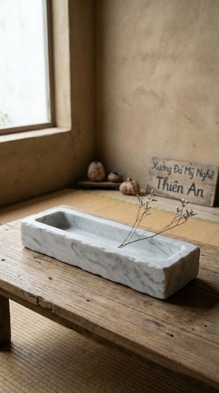 Lọ Hoa Đá Trắng Xanh Họa Tiết “Máng Nước” (Dáng Dài Hình Chữ Nhật Khoét Lòng). Kích Thước Dài 45Cm, Rộng 10Cm, Cao 7Cm.
