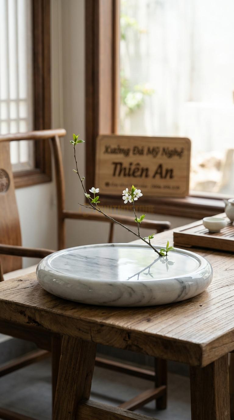 Lọ Hoa Đá Trắng Xanh Họa Tiết “Mặt Hồ Phẳng” (Đĩa Mài Bóng Như Mặt Gương). Kích Thước Đk 35Cm, Cao 4Cm.