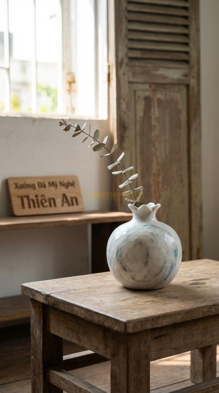 Lọ Hoa Đá Trắng Xanh Họa Tiết “Quả Lựu” (Dáng Tròn, Miệng Loe Nhỏ Như Núm Quả Lựu). Kích Thước Cao 12Cm, Đk 10Cm.